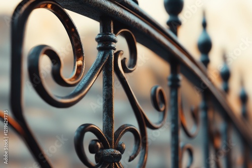 A detailed view of an ornate wrought iron fence, suitable for use in historical or decorative contexts photo