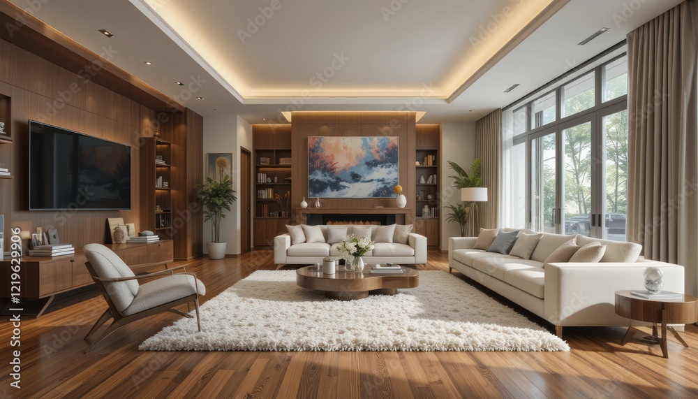 Fototapeta premium Beautiful and large living room interior with hardwood floors, fluffy rug and designer furniture.