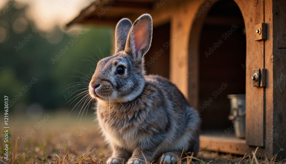 Fototapeta premium Rabbit sitting outside its hutch in a natural setting, Rabbit in a hutch 