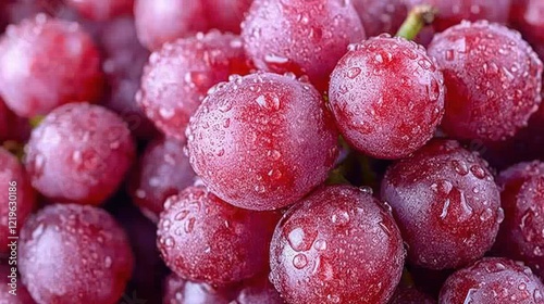 Dewy red grapes close-up, bunch, background blur, food photography photo