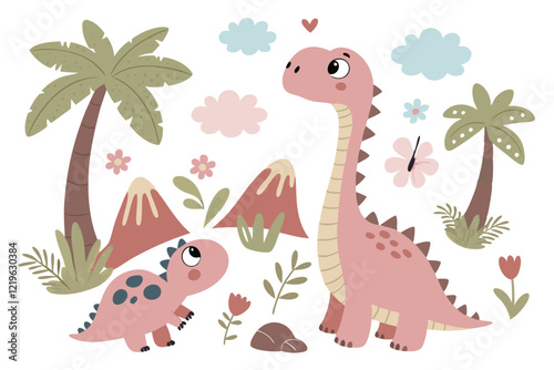 Cute cartoon dinosaurs, colorful prehistoric creatures, baby dinosaurs, palm trees, volcanoes, fluffy clouds, flowers, rocks, chibi style, kawaii, pastel colors, flat design, children's illustration, 