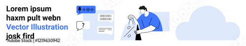 Digital data icons, man holding shopping bag, barcodes, conversation bubbles, cloud. Ideal for online business, e-commerce solutions, cloud storage, communication technology data analytics digital photo