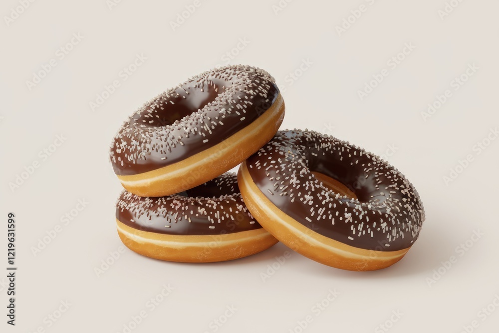 Three delicious chocolate donuts with sprinkles, stacked on a neutral background. Three delicious chocolate donuts with sprinkles, stacked on a neutral background.