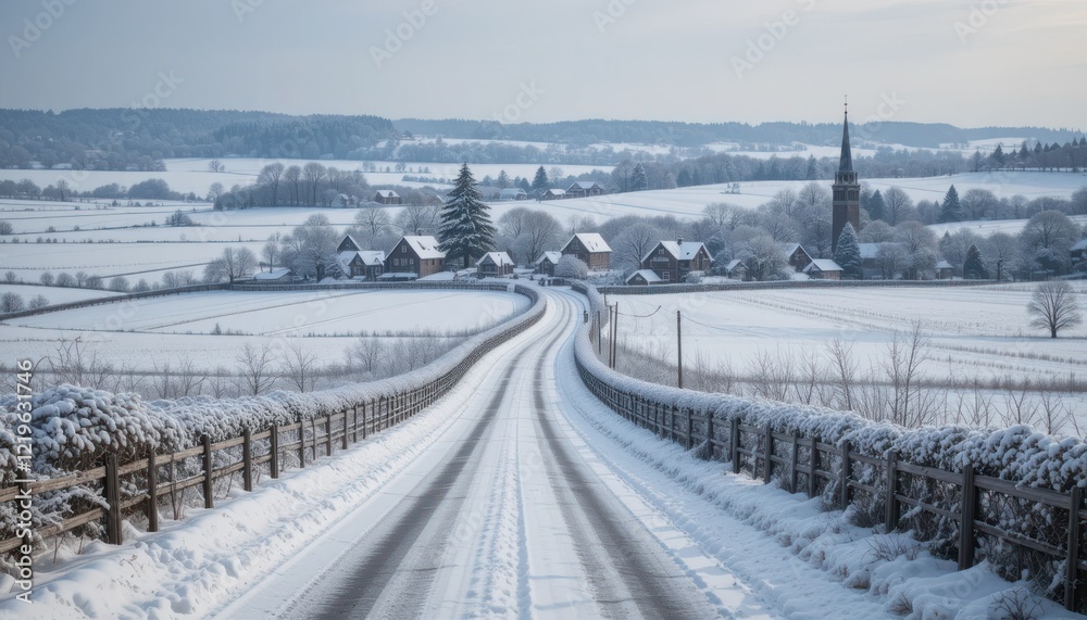 Snow-covered country road leading to a quaint village, with houses and fields blanketed in white Snow-covered country road leading to a quaint village, with houses and fields blanketed in white
