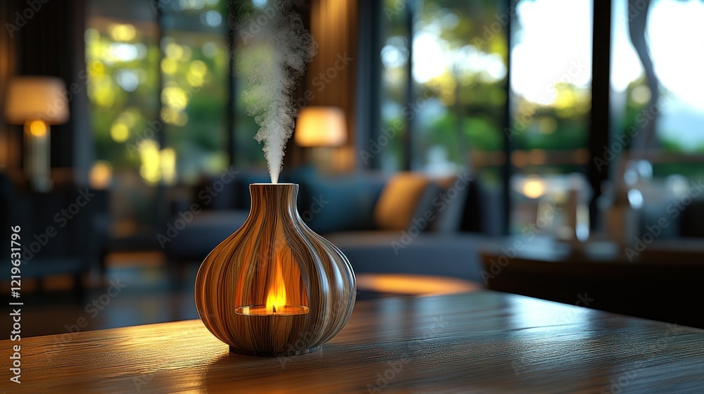 Diffuser steaming, wood, home, luxury, relaxing, interior, table, evening, zen, calm Diffuser steaming, wood, home, luxury, relaxing, interior, table, evening, zen, calm