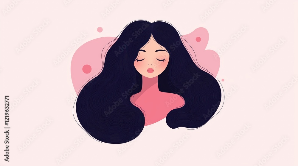 Serene woman with long flowing hair and closed eyes against pink abstract background Serene woman with long flowing hair and closed eyes against pink abstract background