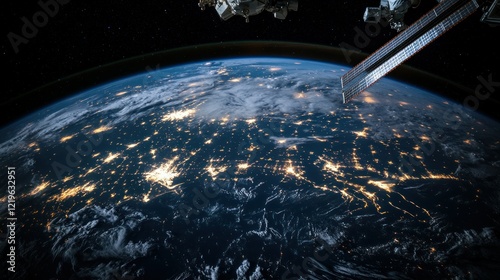 Fototapeta Naklejka Na Ścianę i Meble -  Earth at night, space station orbiting, city lights, global view, science