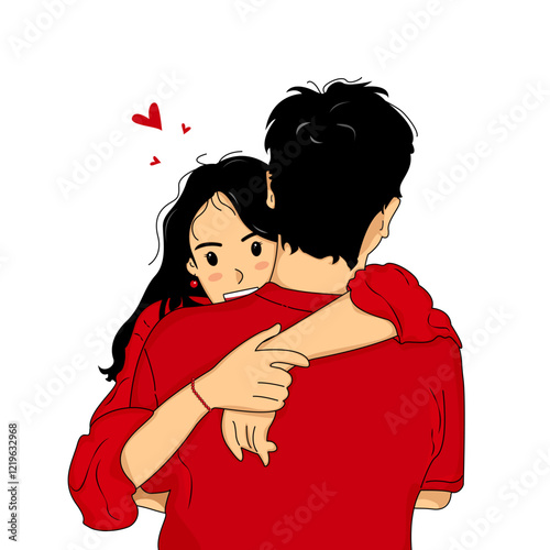 Couple. Young loving smiling couple boy and girl standing hugging embracing each other feeling in love. Love tenderness concept. Smiling girl hugging boyfriend. Valentine's Day.