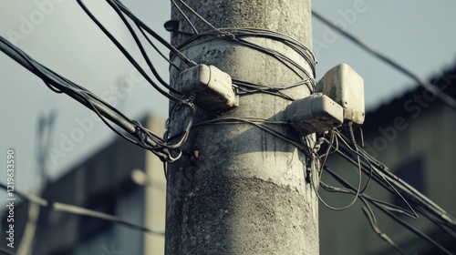 Close up shot of a telephone pole with wires and details, suitable for use in illustrations or designs related to technology, infrastructure, or urban environments photo