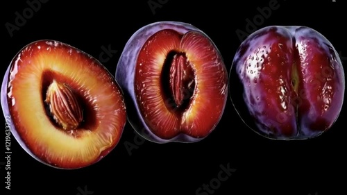 Succulent ripe plums halved to reveal juicy flesh and large pits, ready for a delicious and healthy treat

