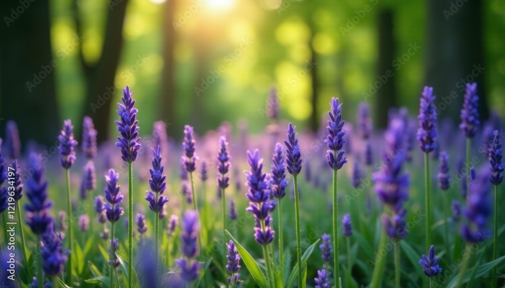 Fototapeta premium lavender flowers blooming in the breeze of a forest, trees, natural