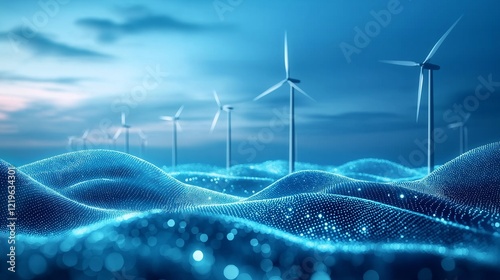 digital landscape with glowing blue waves and wind turbines symbolizing renewable energy, innovation, and sustainable technology advancement, Generative AI