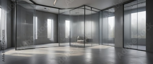 Grey-painted room with large glass partitions and a soothing atmosphere, glass partitions, grey, calming colors