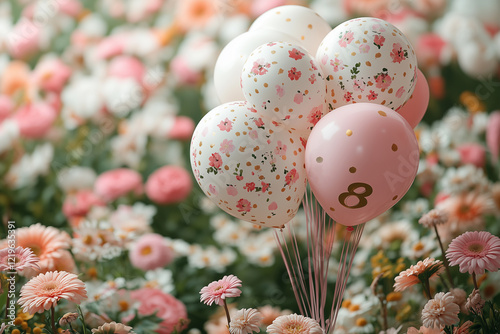 A beautiful bouquet of pink and white balloons with floral patterns and golden accents, featuring the number 