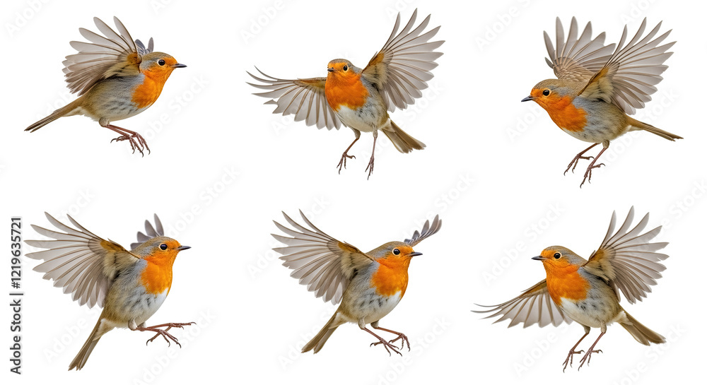 Obraz premium Collection set of flying European Robin birds isolated on white background,