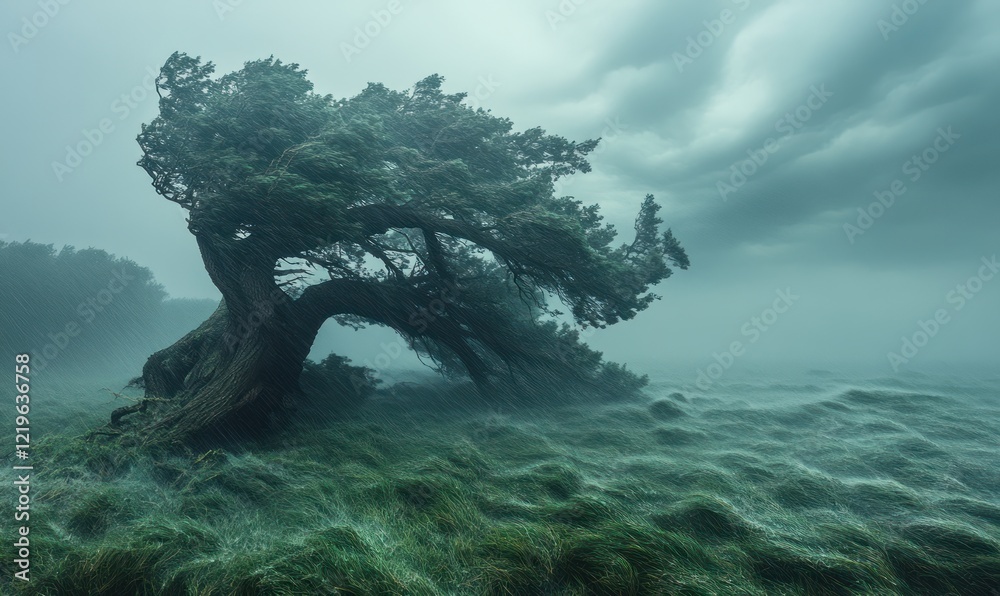 Fototapeta premium Windswept tree, stormy seagrass, rain.