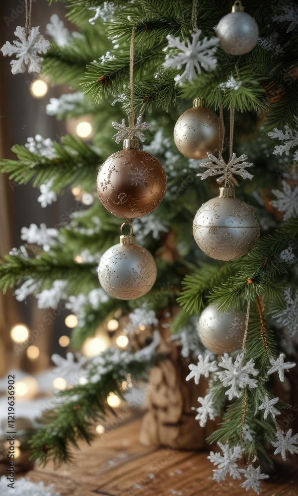 Fototapeta premium Glittering ornaments hang from the branches of a sturdy, wooden Christmas tree, amidst a sea of snowflakes , snowflake, ornaments