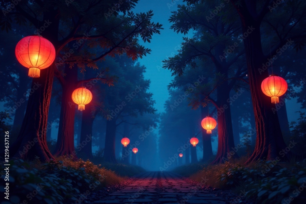 Fototapeta premium Colorful lanterns suspended from trees in a tranquil forest under a night sky, trees, tranquility, forest