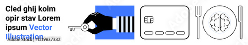 Hand holding a key beside a control panel and a brain on a plate with a fork and knife. Ideal for security, technology, control, intellect, decision-making, food for thought, innovation. Landing page