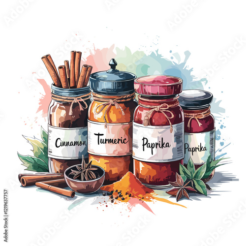 Watercolor Spice Jars Collection with Cinnamon, Turmeric, and Paprika
