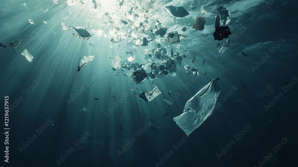 Naklejka premium Ocean Pollution Plastic Waste Underwater Sunlight Rays Environmental Disaster Dark Teal Sea Debris Pollution Threatening Marine Life Aquatic Ecosystem 