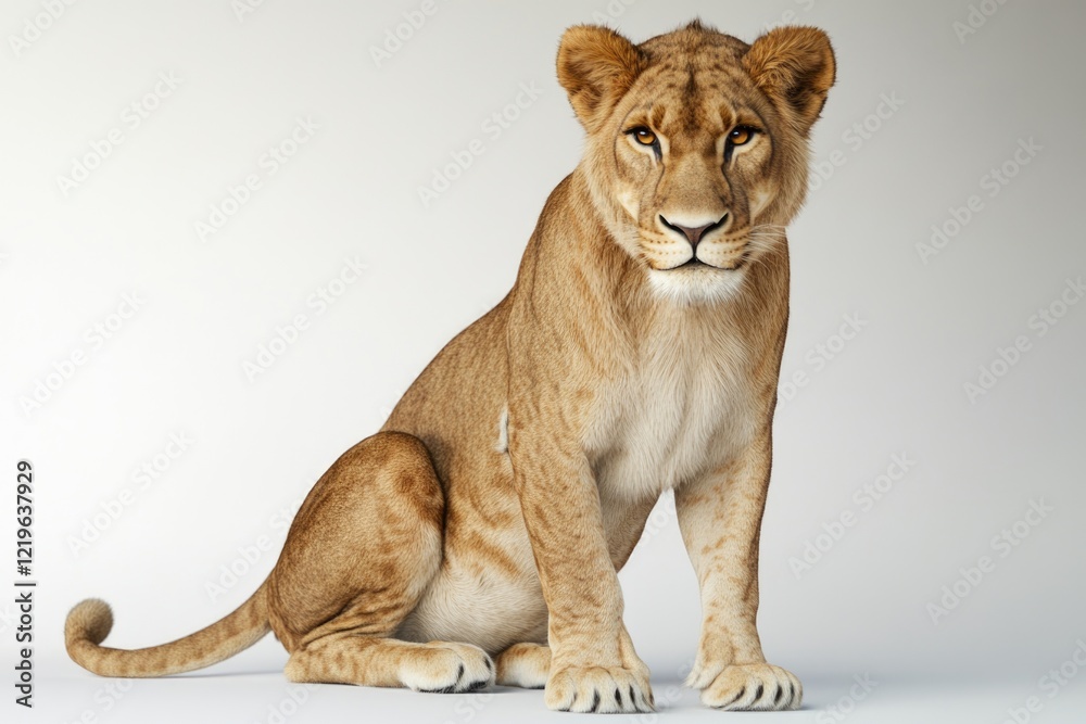A lion sits calmly on a white surface, gazing directly at the camera