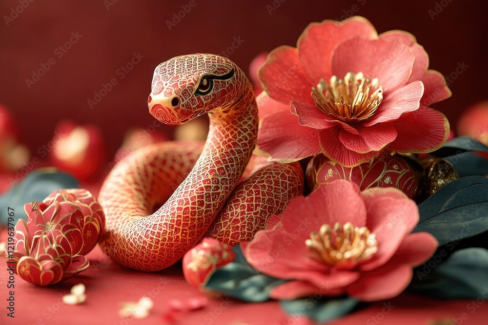 Fototapeta premium A snake wrapped around flowers on a vibrant red surface
