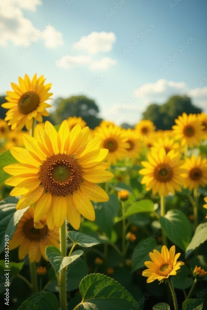 Golden sunflowers in full bloom, vibrant field , stems, green, day Golden sunflowers in full bloom, vibrant field , stems, green, day