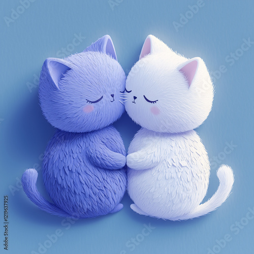 Two cartoon-style pastel cats holding a heart, symbolizing love and tenderness, on a textured blue background.  