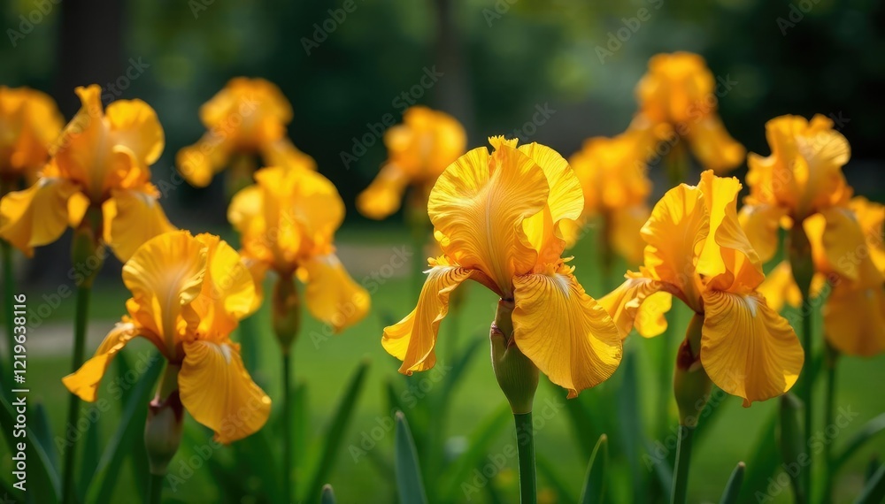 Fototapeta premium Garden full of brown and yellow multicolor flowers of irises, blooms, nature