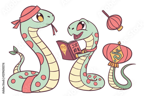 Cute cartoon snakes, colorful serpents, Chinese zodiac animals, festive lunar new year characters, adorable reptiles with accessories, smiling snake mascots, playful snake illustrations, pastel color 