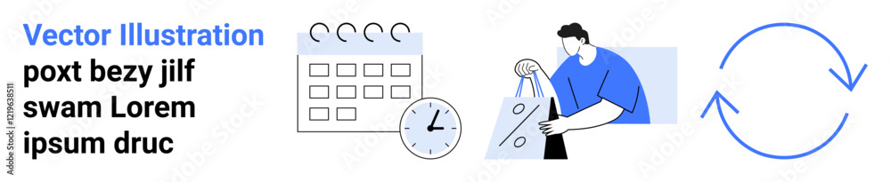 Calendar with clock, person holding shopping bag, and circular arrows. Ideal for time management, scheduling, workflow, productivity, retail process management and planning concepts. Landing page Calendar with clock, person holding shopping bag, and circular arrows. Ideal for time management, scheduling, workflow, productivity, retail process management and planning concepts. Landing page