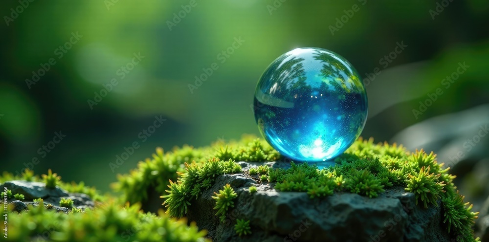 Blue glass sphere resting on a moss-covered stone, moss, nature Blue glass sphere resting on a moss-covered stone, moss, nature