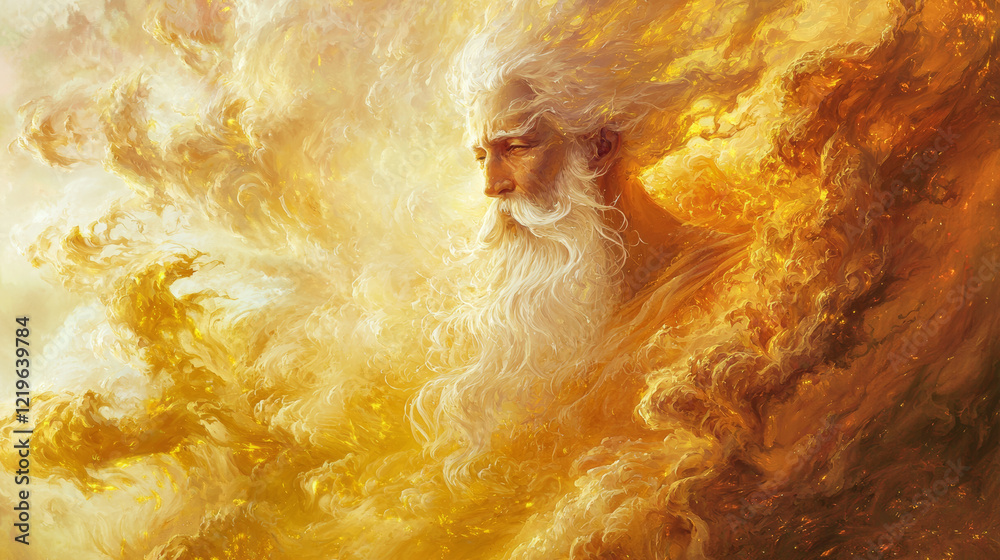 Obraz premium Ethereal depiction of divine male figure with flowing white hair and beard, immersed in a golden swirling cloudscape. Concept of divinity, mythology, celestial beings, cosmic power. God. Oil Painting