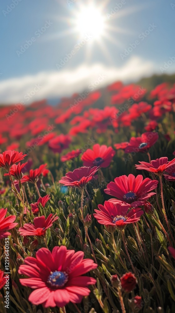 Vibrant red flowers blooming in a sunlit field during early morning hours in a serene landscape Vibrant red flowers blooming in a sunlit field during early morning hours in a serene landscape