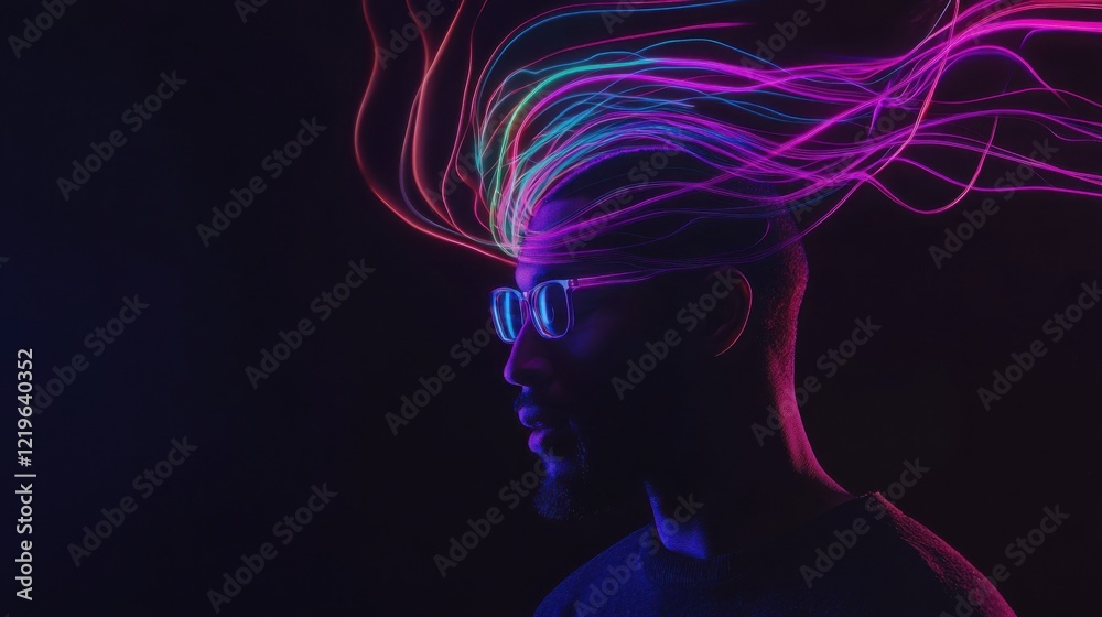 A young man with vibrant, multicolored light trails emanating from his head, creating a surreal and energetic atmosphere. The image is full of dynamic energy and rich colors. A young man with vibrant, multicolored light trails emanating from his head, creating a surreal and energetic atmosphere. The image is full of dynamic energy and rich colors.