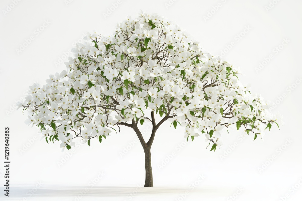 Fototapeta premium Blooming white magnolia tree isolated on white background, spring flowering tree with lush white blossoms, elegant floral botanical element for landscape design