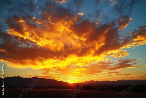 Vibrant sunset sky with dramatic clouds. Golden hour colors. Sunset glow over silhouettes of mountains. Beautiful landscape. Evening sky. No people visible. Perfect for nature background, wallpaper,