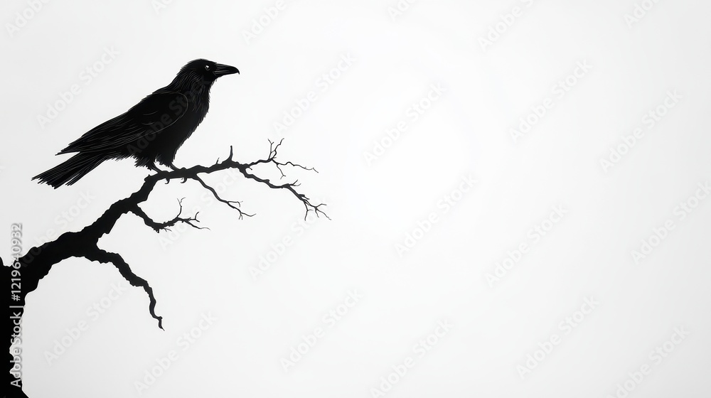 A silhouette of a raven perched on a barren branch against a pale background. A silhouette of a raven perched on a barren branch against a pale background.