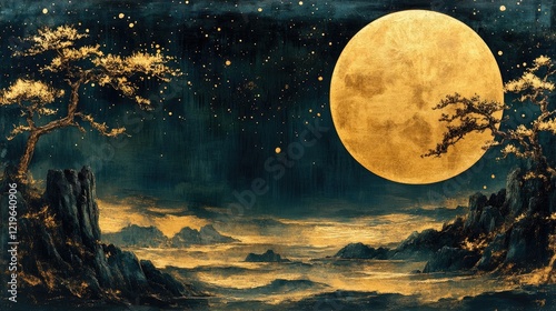 A serene artwork featuring a dark blue background representing night,