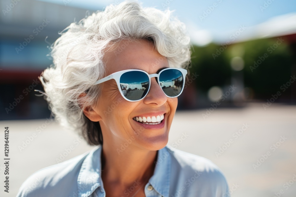 smiling elderly woman with grey hair, snow-white teeth, wearing sunglasses smiling elderly woman with grey hair, snow-white teeth, wearing sunglasses