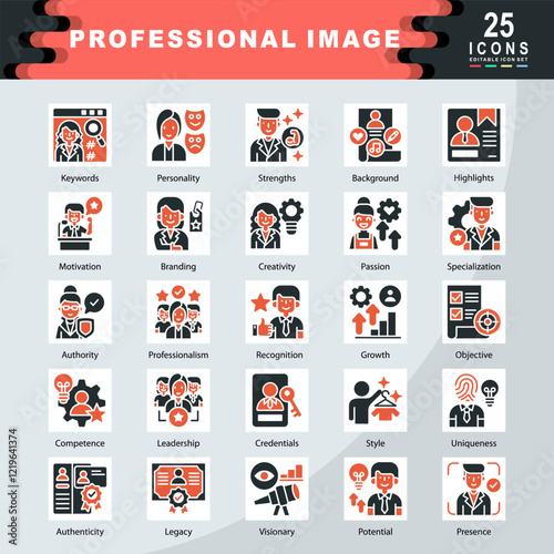 Professional Image icon set containing Keywords, Personality, Strengths, Background, Highlights, Motivation, Branding, Creativity, Passion, Specialization, Authority icon. Simple color fill vector