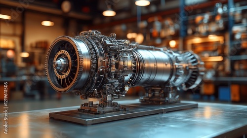 A highly detailed, 3D-rendered image of a rocket engine, photo