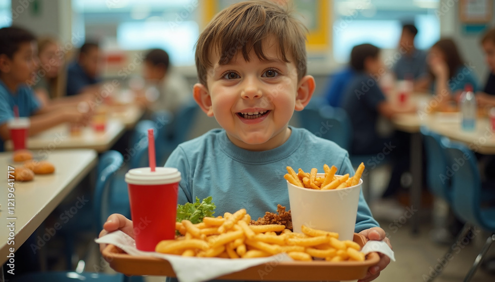 Smiling boy holding tray of food in school cafeteria Smiling boy holding tray of food in school cafeteria