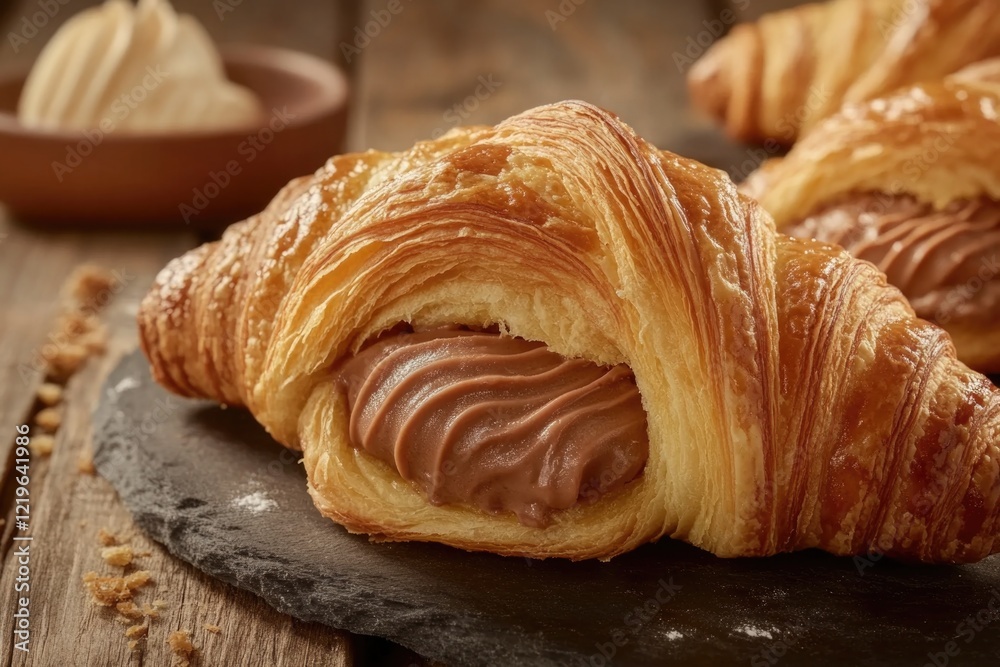 A pair of flaky croissants sit on a table, ready to be enjoyed A pair of flaky croissants sit on a table, ready to be enjoyed