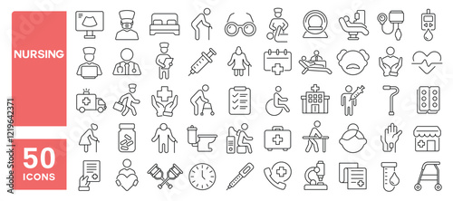 Set of 50 line icons related to nursing, care, elderly, retirement, physician, clinical, hospital, medicine, check-up, pharmacy, health, medical, Editable stroke. Vector illustration