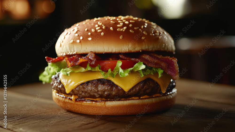 Close-up of a delicious gourmet burger with melted cheese, fresh lettuce, ripe tomatoes, crispy bacon, and sesame seed bun on a wooden table, perfect for food photography Close-up of a delicious gourmet burger with melted cheese, fresh lettuce, ripe tomatoes, crispy bacon, and sesame seed bun on a wooden table, perfect for food photography