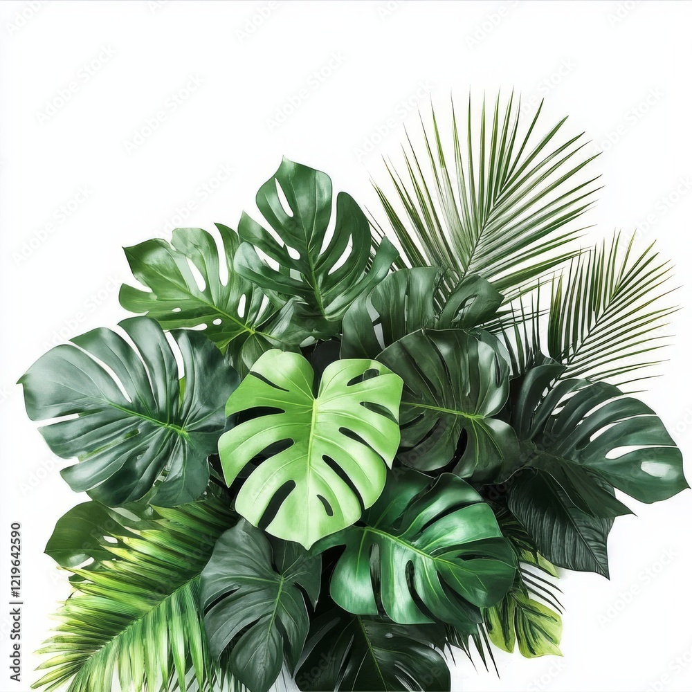 A vibrant and colorful display of various tropical leaves and palm fronds, creating a perfect backdrop for a botanicalthemed design or serving as a lush green background thats truly inviting A vibrant and colorful display of various tropical leaves and palm fronds, creating a perfect backdrop for a botanicalthemed design or serving as a lush green background thats truly inviting