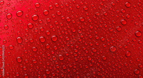 Panoramic banner of water drops on red metal
