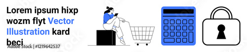 Woman using mobile while sitting on luggage with a shopping cart, calculator, and lock symbol. Ideal for e-commerce, online security, financial budgeting, mobile shopping, digital transactions, data